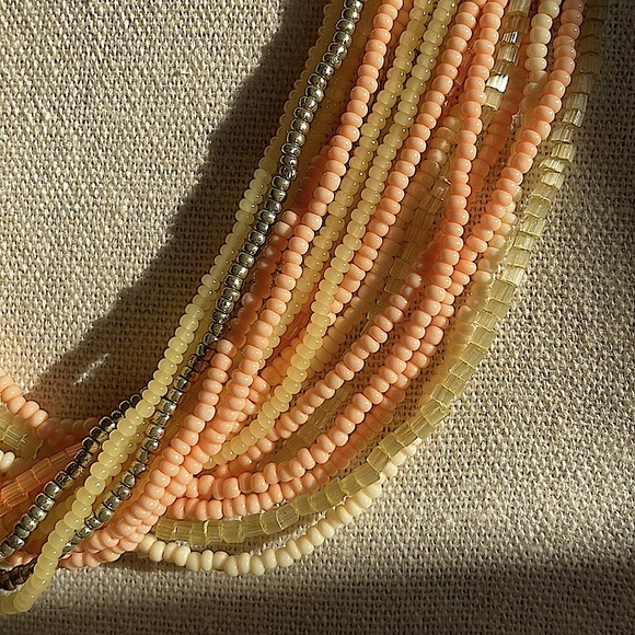 Gorgeous multi strand seed bead necklace in peach, lime, yellow, & silver. - Picture 11 of 12